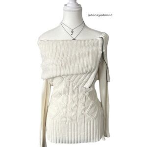 Y2K “Suzy Shier” Cream/White Cable Knit Off the Shoulder Long Sleeve Sweater